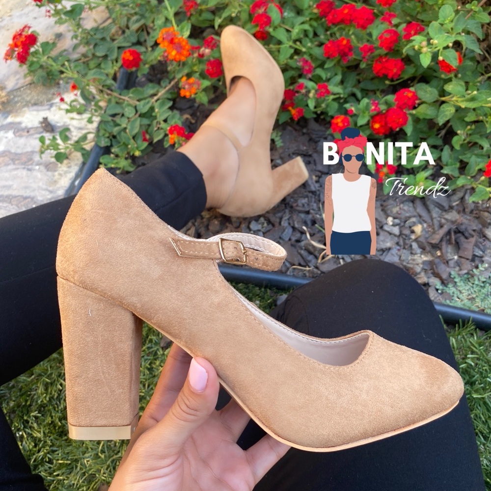 Vegan Suede Tan Mary Jane Pin Up Pumps Heels - Picture 2 of 5